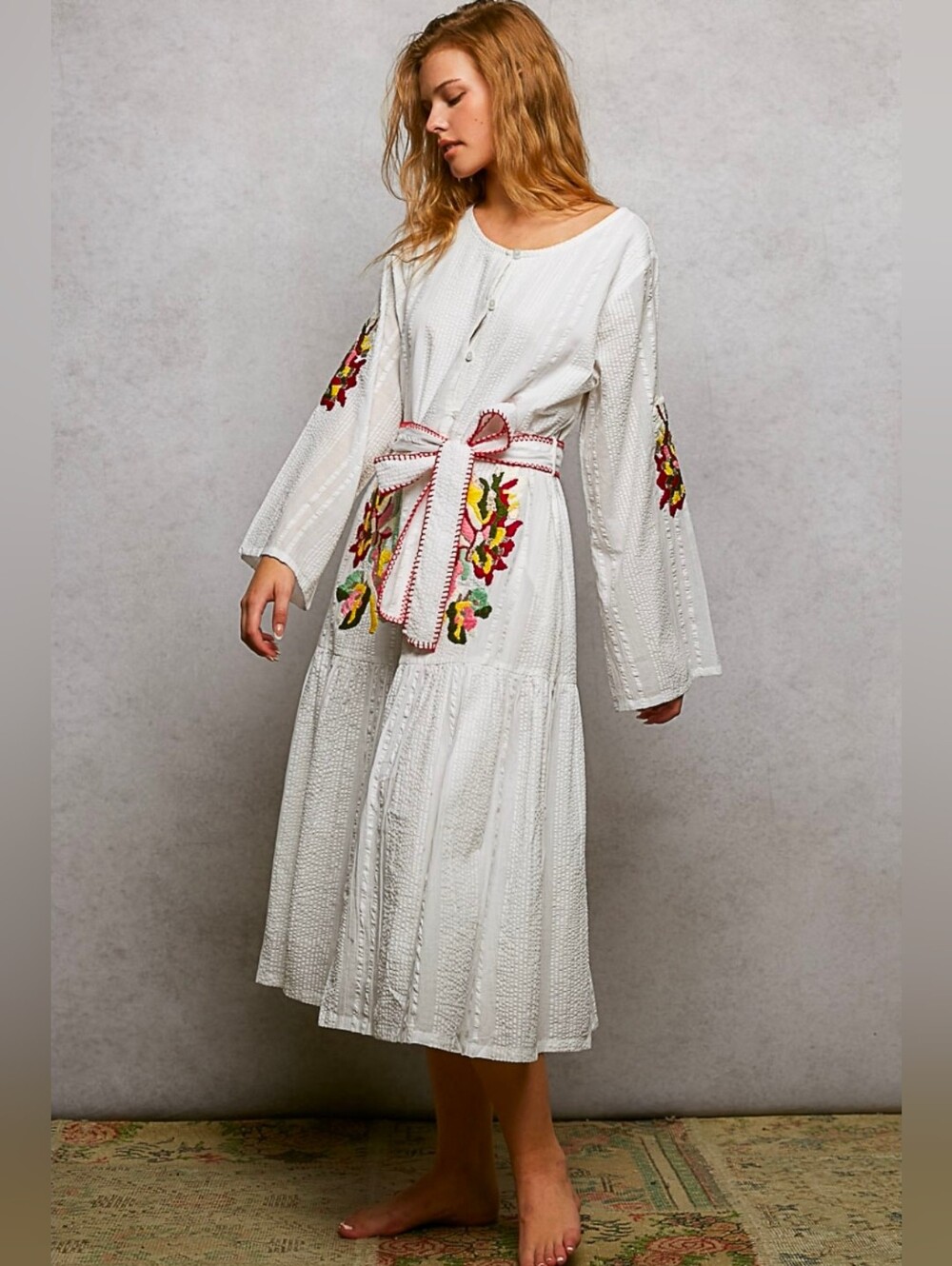 NEW!!! POL White Embroidered Maxi Dress with Belt & Colorful Floral Accents, NWT - Picture 2 of 7